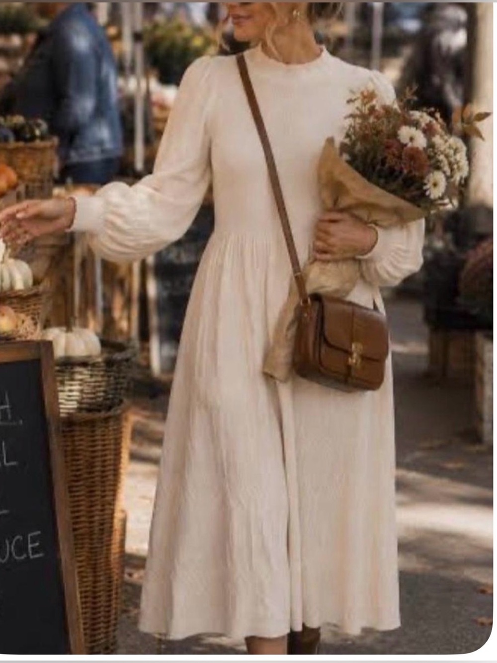 Elegantly Gathered Cream Long-Sleeve Midi Dress